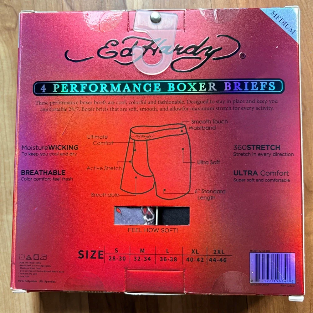 Ed Hardy Performance Boxer Briefs Men's Medium (32-34) 4 Pack NIB